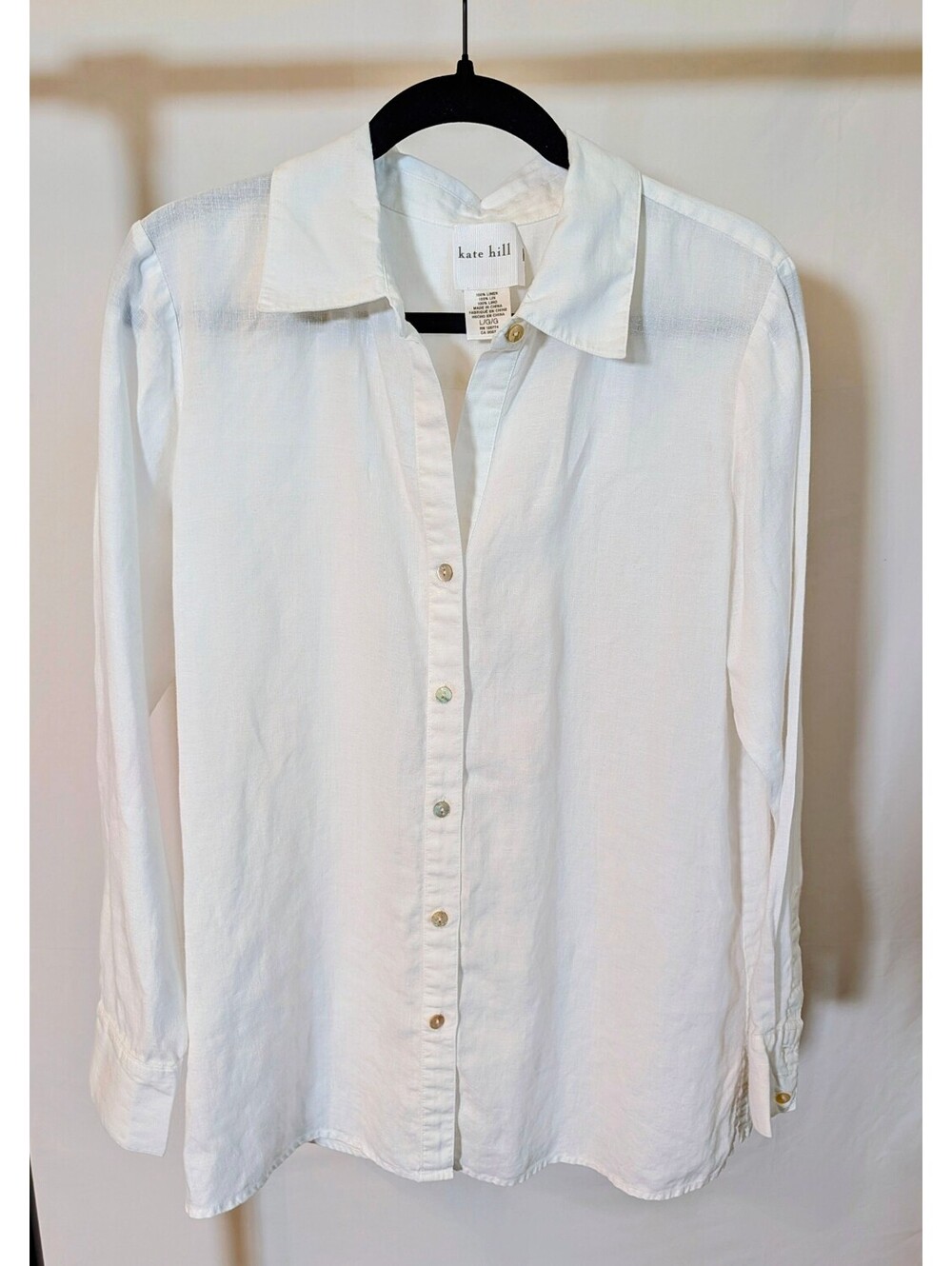 Kate Hill Women's White Button Down Blouse Size L 100% Pure Linen